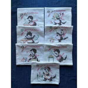 Vintage 7 Days of the Week Good Luck Cat Dishtowel Set